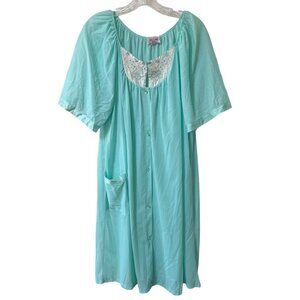 Kelly Reed Aqua Nylon Nightgown VTG Plus Sz 1X Lace Embroidered Button Retro USA
